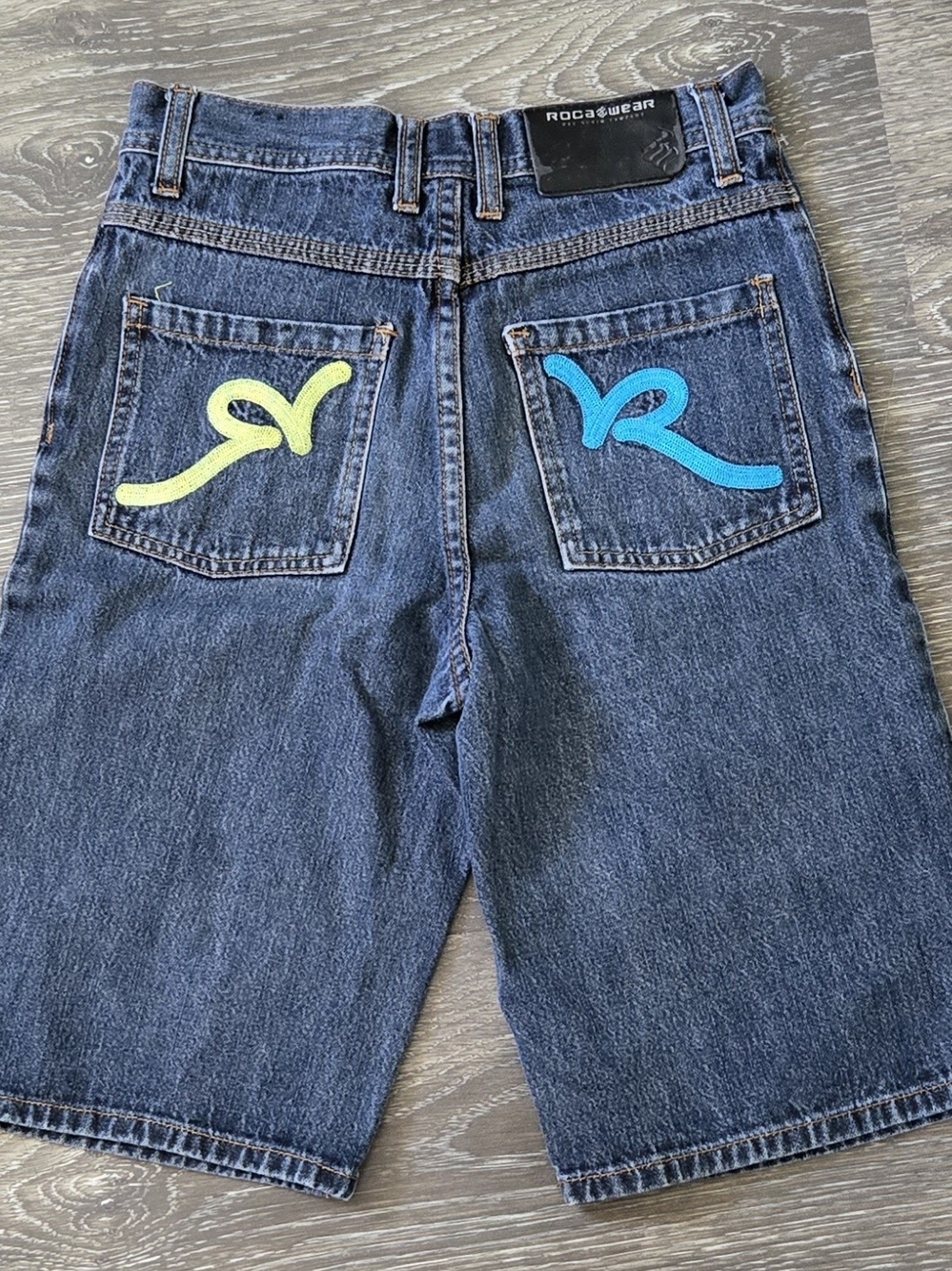 Y2K Vintage Rocawear Dark Wash Denim Jorts with Neon Pocket Logos - Boys 10